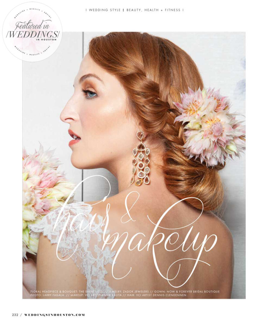 Hairstyling and makeup by VCI artists on a model wearing a Floral Headpiece for Zadok Jewelers photoshoot