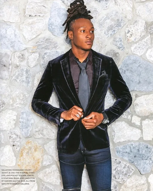 Deandre Hopkins is wearing a Salvatore Ferragamo velvet jacket and the look has been styled by the wardrobe stylist Summer Salah of VCI Artists