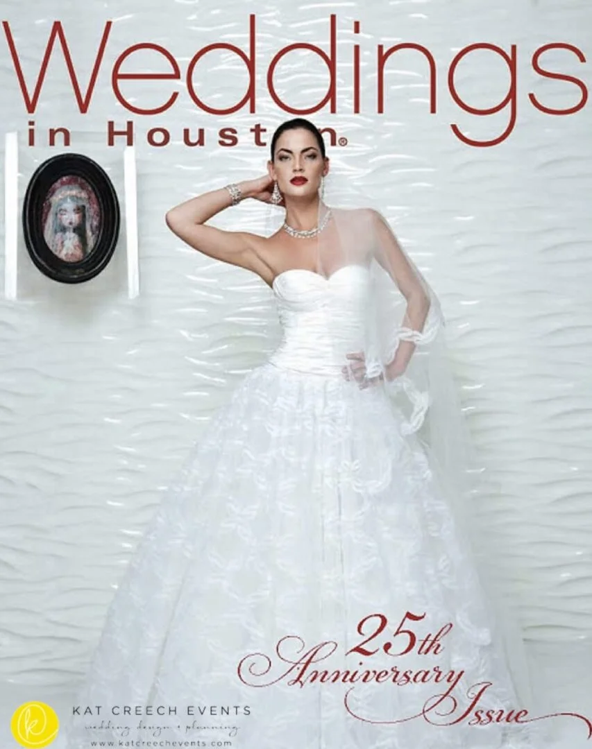 VCI Artists style the model with a white wedding gown for kat Creech events for the cover photo of Weddings in Houston Magazine