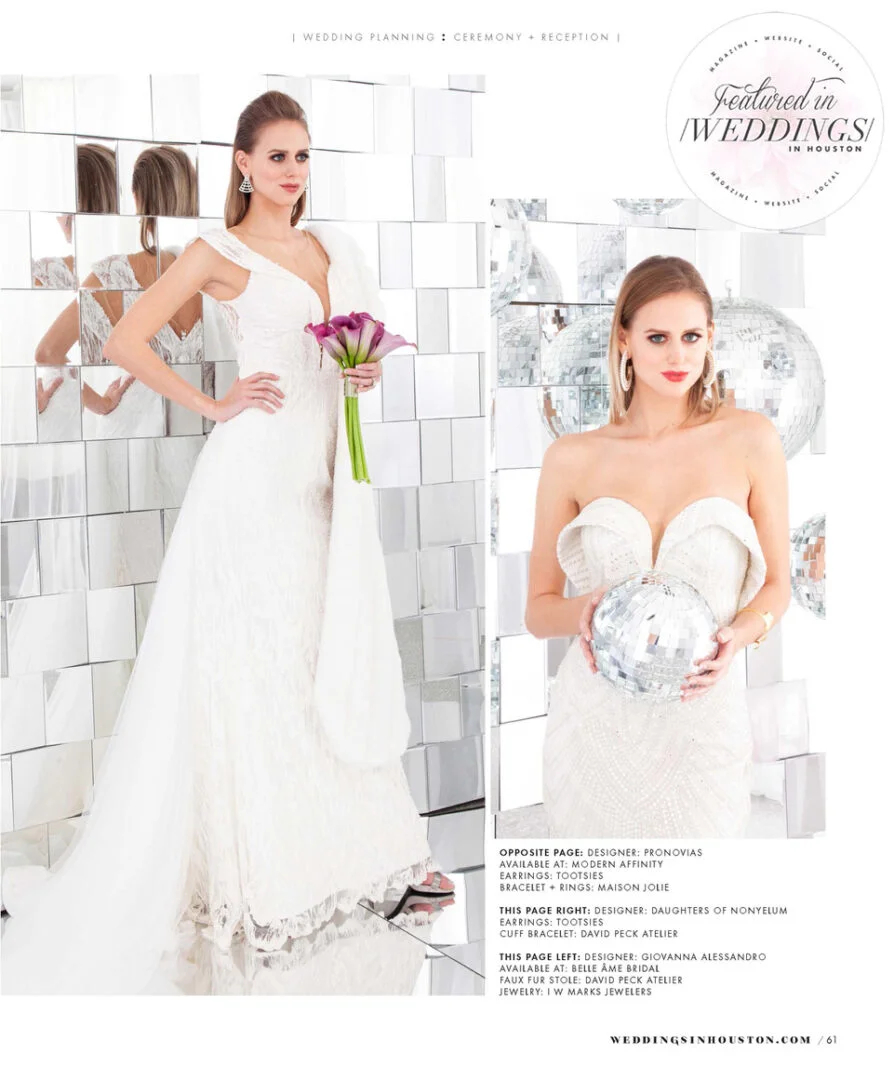 Wardrobe stylist Summer Salah of VCI Artists styled models for a bridal photoshoot for Wedding Houston magazine